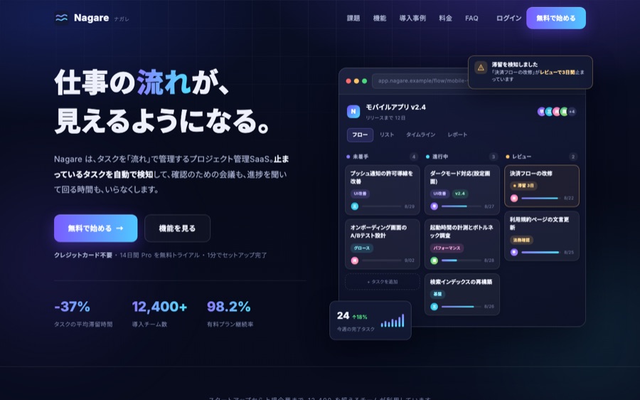 Nagare のランディングページのファーストビュー